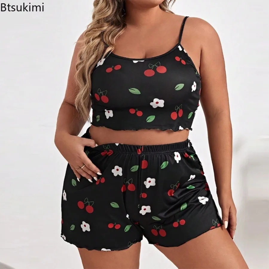 2026 Summer Women's Heart Print Pajama Set Sleeveless Elastic Waist Shorts 2 Pieces Female Sleepwear Nightwear XL-5XL Plus Size