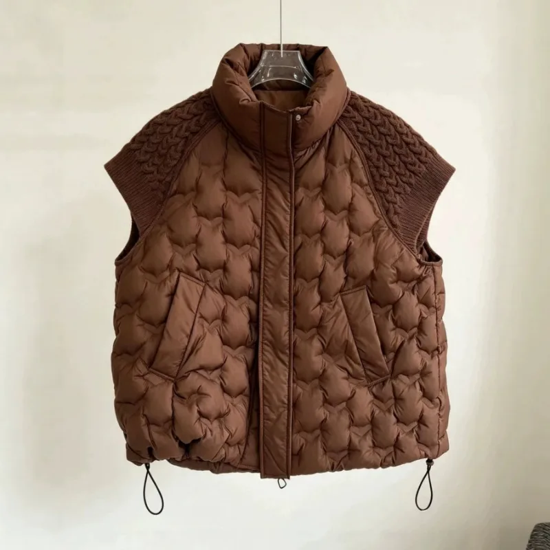 Women Sleeveless Down Vest Autumn Winter New Arrival Knitted Splicing Stand Collar Short Warm Waistcoat Fashion Casual Outerwear