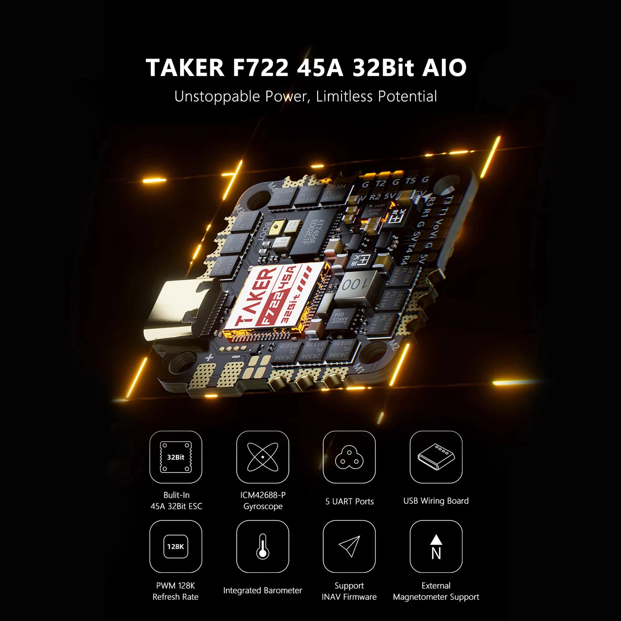TAKER F722 45A 32Bit AIO Buzzer 16MB Black Box 32Bit Data Analyze Record Flight Racing FPV Drone
