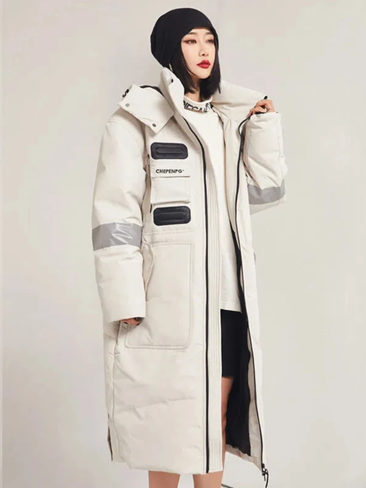 

Over-The-Knee White Duck Down Jacket Thicken Couples Hooded Warm Coat Unisex Winter Long Down Parka Puffer Jacket C832