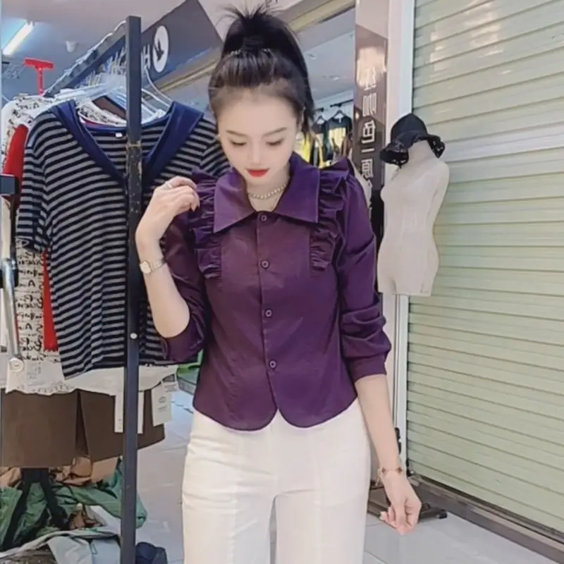 

Early Autumn Women's Shirt Elegant Flounce Design Luxury Feel Long Sleeve Waist Cinched Polyester Fiber Resistant to Deformation