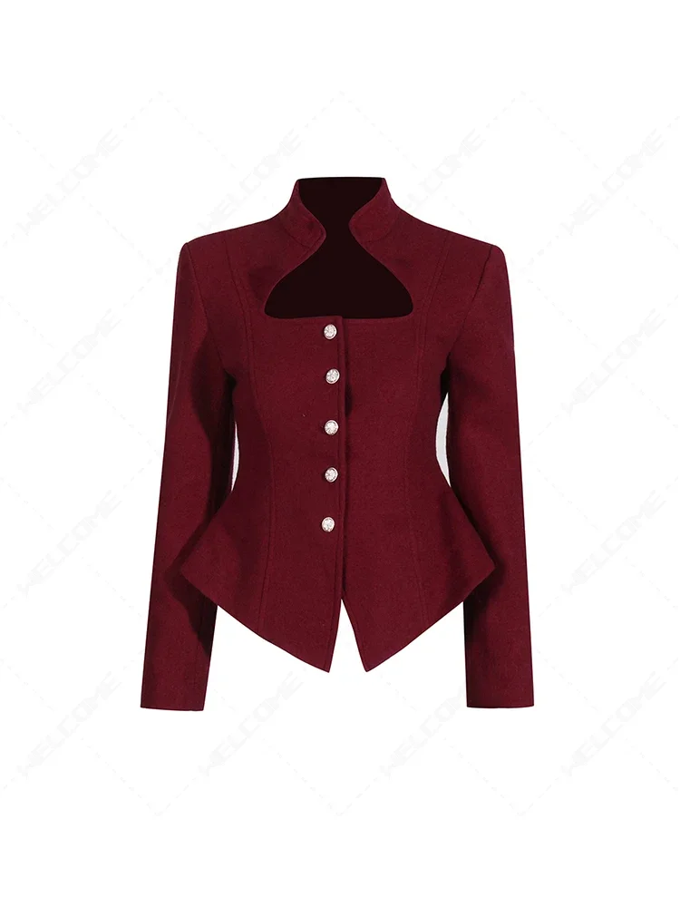 

Solid Hollow Out Chic Coats For Women Stand Collar Long Sleeve Spliced Button Slimming Jackets Female Fashion New