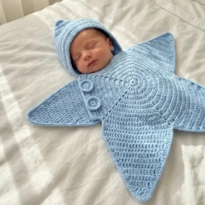 Handmade Crochet Star Shaped Newborn Swaddle Outfit Soft Hood For Infant Photoshoots