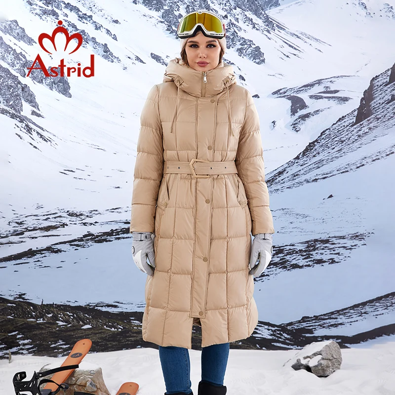 Astrid 2023 New Women\'s Winter Jacket Hooded Belt Long Parkas Warm Padding Puffer Plaid Quilted Coat Down Jacket Thick Snow Wear