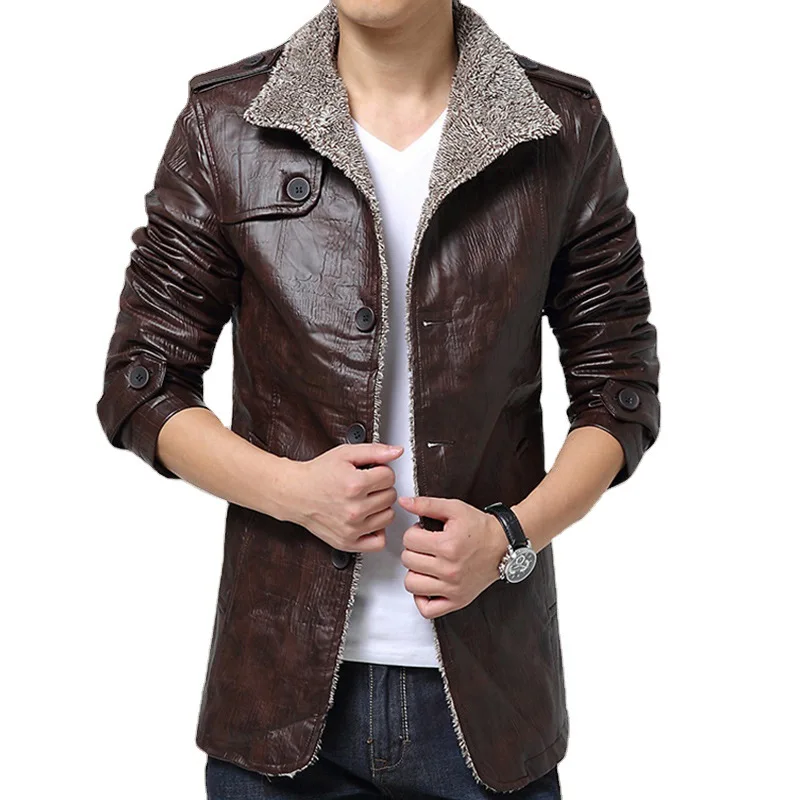 

Мужские куртки из искусственной кожи, ветрозащитные, теплые, однобортные, с воротником-стойкой, мотоциклетное пальто, зимняя мода, мужские пальто из искусственной кожи на флисовой подкладке