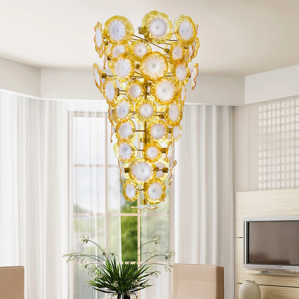 Luxury Large Gold Flower Chandelier for Staircase Murano Glass Plates for Villa Loft Chandeliers Lighting Fixtures