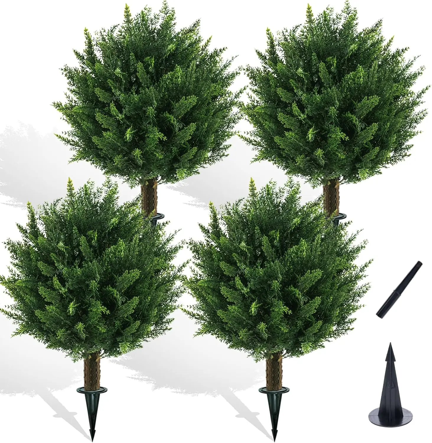 

21" Artificial Cypress Topiary Outdoor Plants with Spike, 4 Pack Faux Cedar Bushes UV Resistant Fake Shrubs for Front Porch
