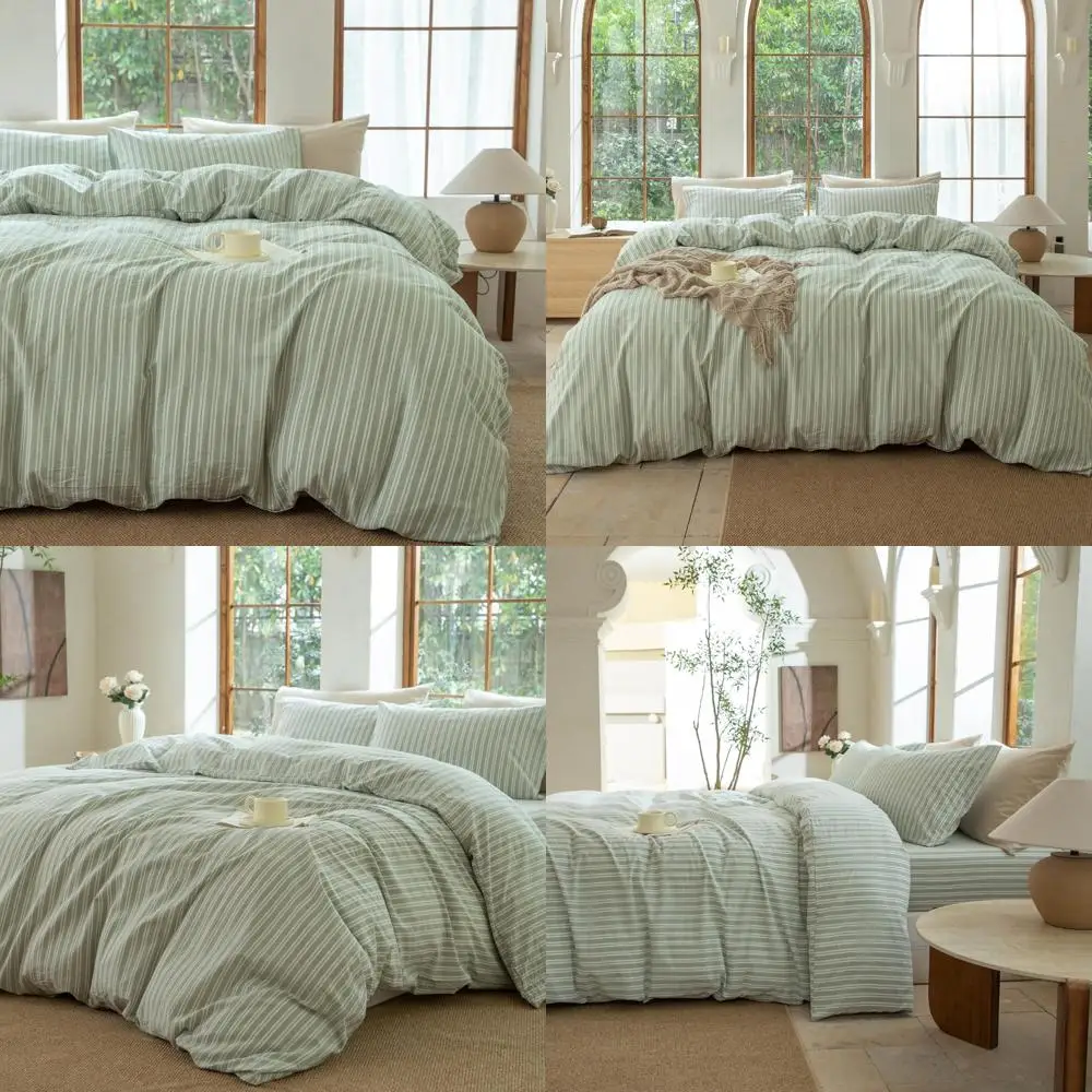 

Комплект пододеяльников в зеленую и белую полоску размера «queen-sage» — дышащее льняное постельное белье из 100% стираного хлопка