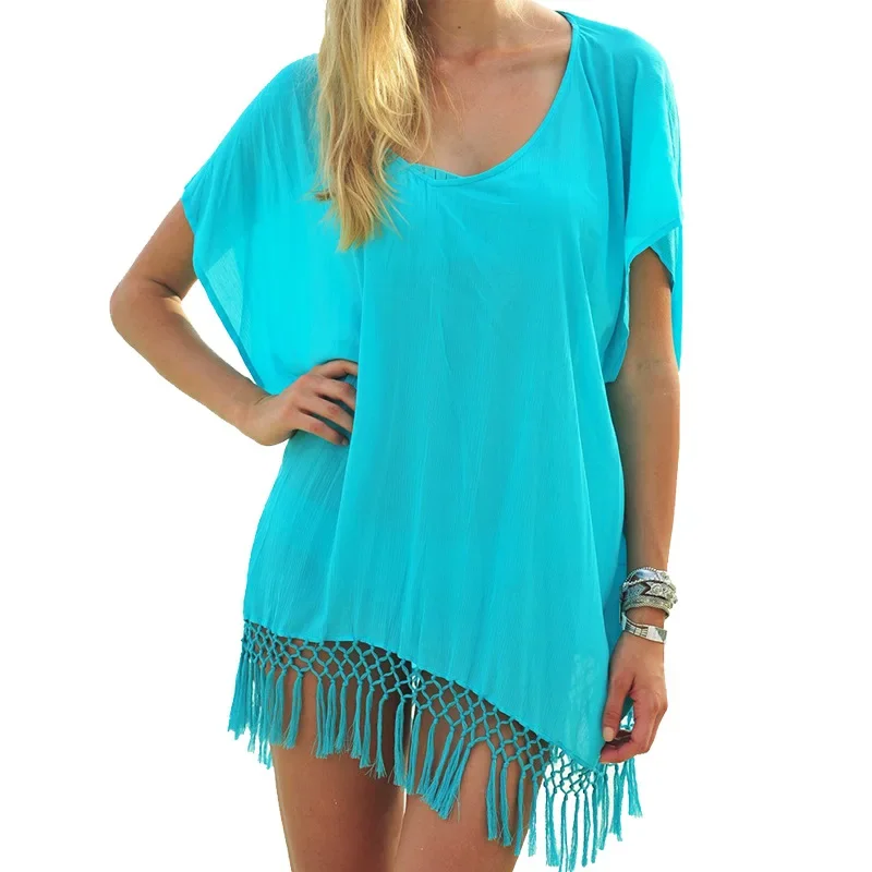 Lente En Zomer Effen Kwastje Chiffon Losse Dames Strand Zonnebrandcrème Shirt Aan Zee Kleding Zwart