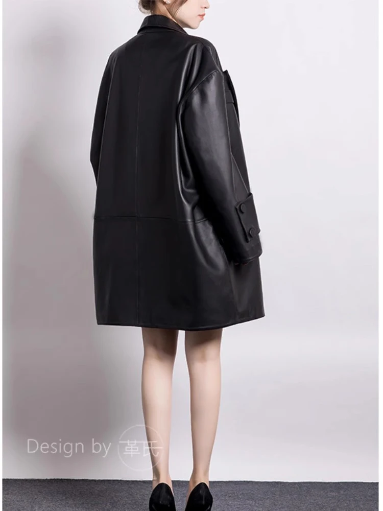 Lautaro printemps automne Long noir surdimensionné noir Pu cuir Trench manteau pour les femmes élégant luxe vêtements de créateur Cardiagan 2025