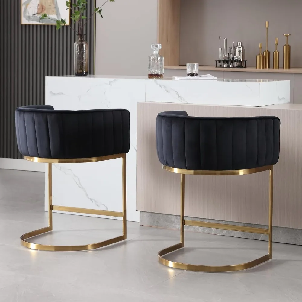 Modern Counter Altura Bar Stools, Velvet estofados Barrel Stool, cadeira com braço e pernas de metal dourado, Kitchen Island, 24"