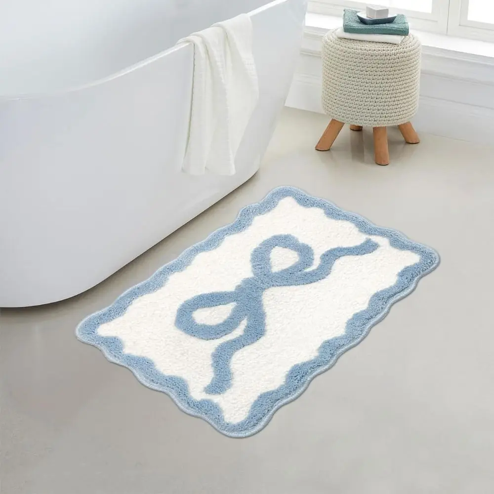 Pink Blue Bow Bathroom Rugs Coquette Aesthetic Bow Decor Preppy Scalloped Rug Girly Shower Rug