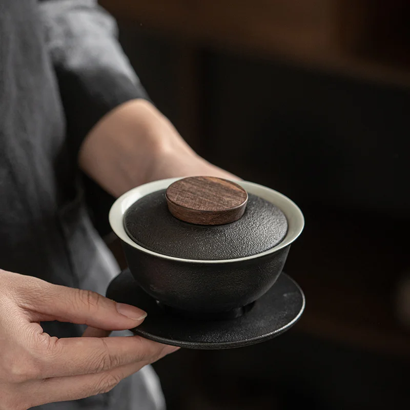 200ml Japanese Style Black Pottery Gaiwan Ceramic Tea Bowl Household Coarse Pottery Hand Grasp Bowl Kung Fu Tea Set Tea Cup Gift