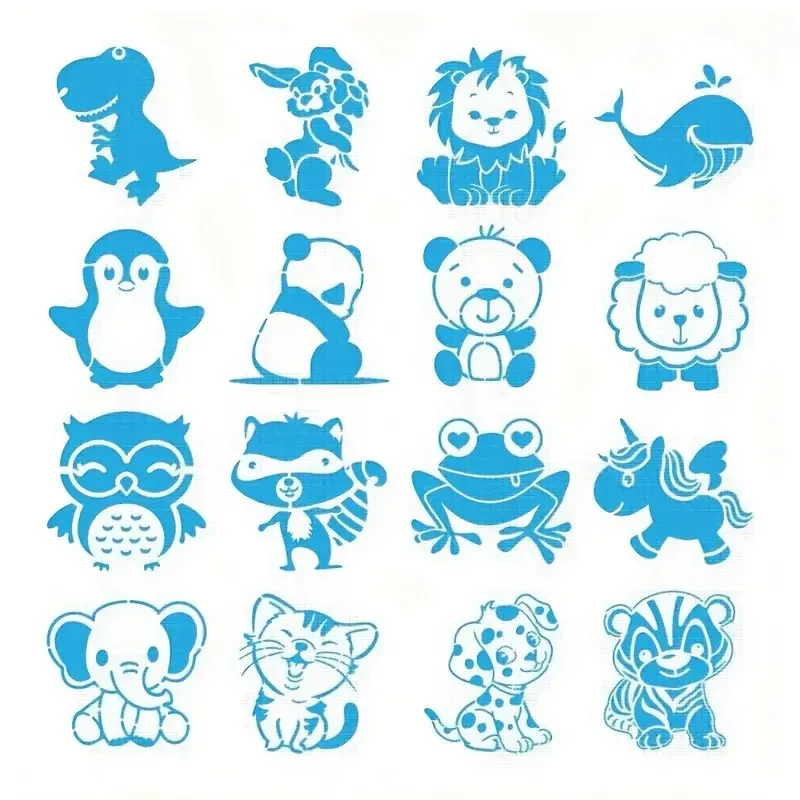 Rusable 16PCS Cartoon Animal Themed Stencils Set for DIY Arts, Kids' Craft Projects, Bullet Journaling and Card Making