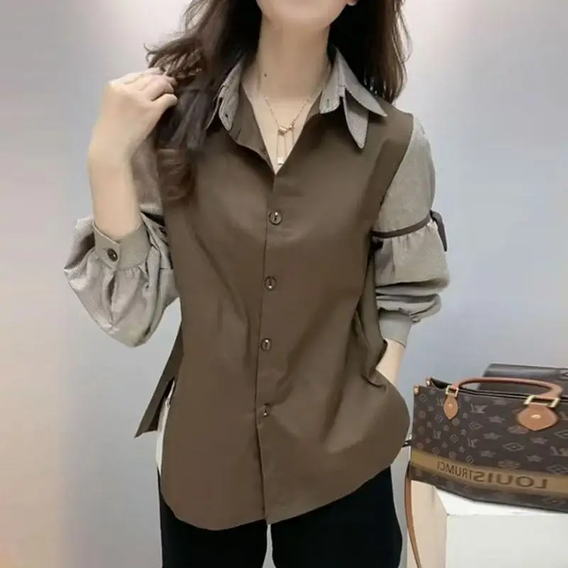 Roupas femininas elegante laço-up arco chique botão acima camisa contraste cor retalhos blusas divididas casual lapela manga longa topos