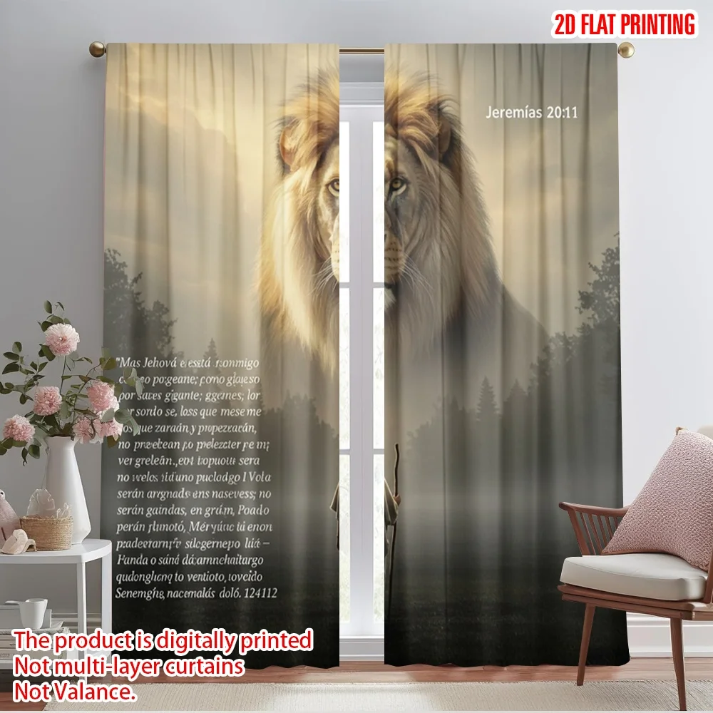 

2pcs 2D flat printing Curtains Lion warrior faith inspiration Polyester Without Electricity Holiday Decorations for room decor
