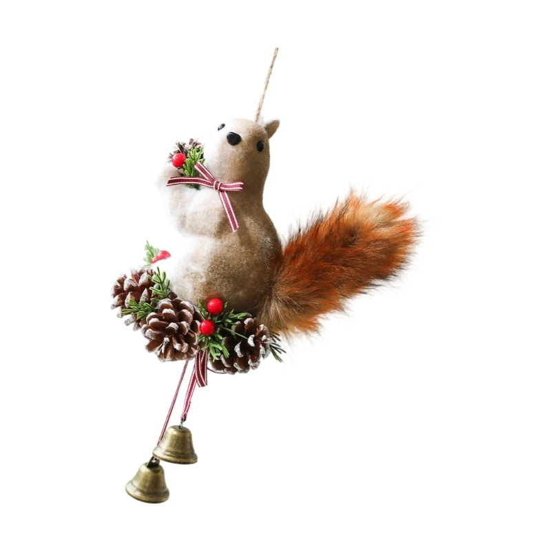 Christmas Woodlands Squirrel Decors with Hanging Metal Bells for Door and Wall 3XUF