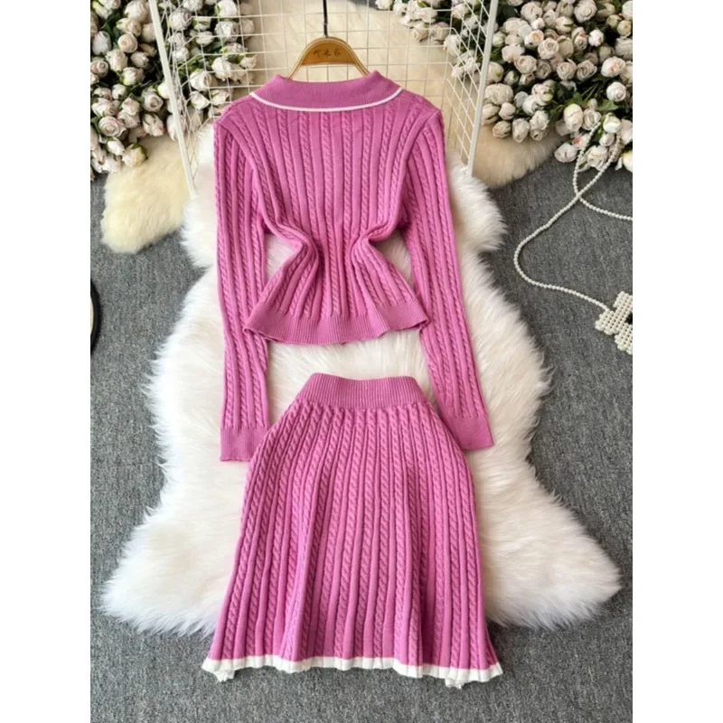 High Quality Knitted Sweater Two-piece Sets Women Autumn Winter New Fashion Retro Temperament High Waist Skirt Suit Elegant