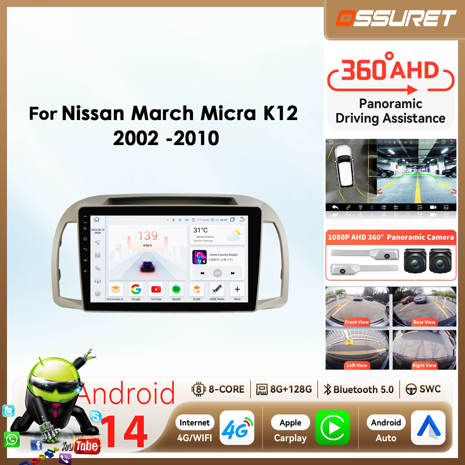 Android 14 for Nissan March Micra K12 2002 2003 2004 - 2010 Car radio AI Carplay Android Auto multimedia 7862 8-Core Autoradio