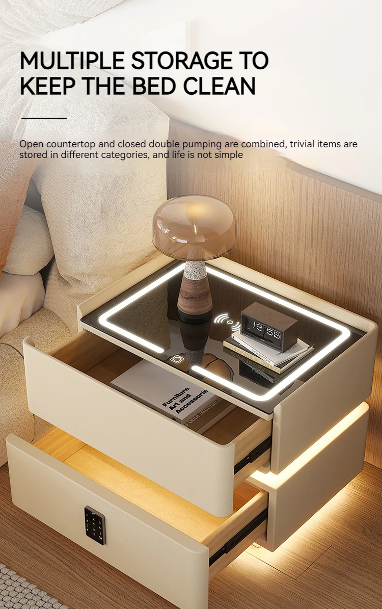 طاولة سرير ذكية من الخشب الصلب الحديث مع ضوء LED للشحن اللاسلكي بجانب السرير للاستخدام في غرفة نوم المنزل والمستشفى