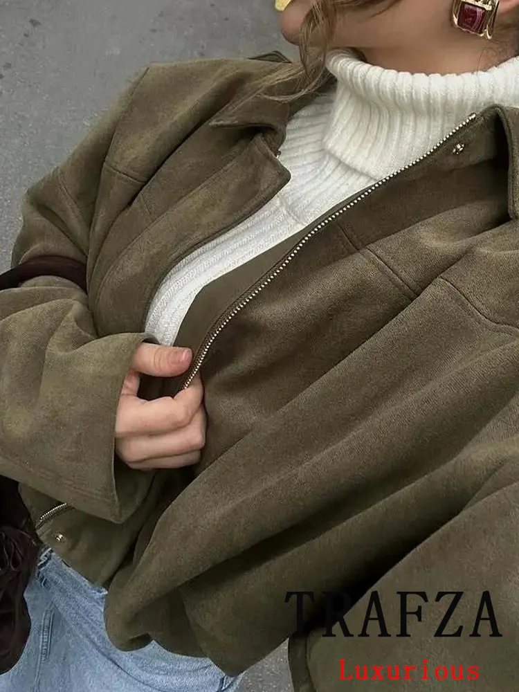 TRAFZA, chaqueta informal elegante lisa para mujer, abrigos cortos sueltos de manga larga con cuello vuelto y cremallera, chaquetas de primavera y verano a la moda 2025