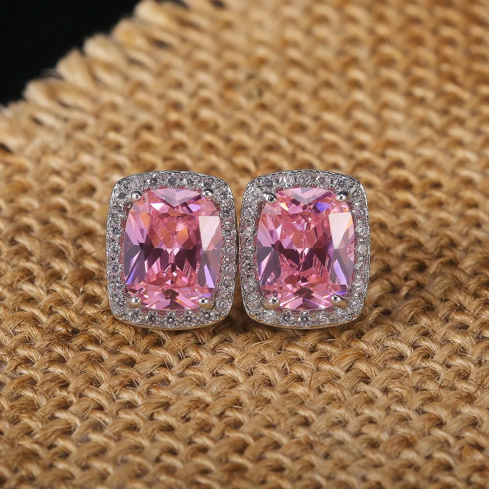Sweet Exquisite Square Pink Crystal High Quality 5A Zircon Halo Stud Earrings for Women Temperament Valentine Party Jewelry Gift