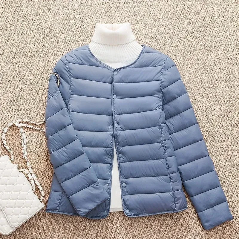 2024 jaqueta feminina casacos de inverno casual ultraleve sem gola casaco coreano portátil feminino acolchoado parkas o-pescoço puffer casaco