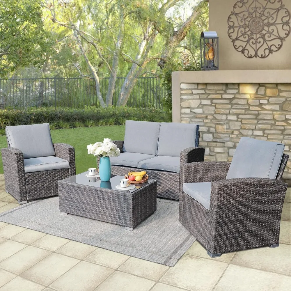 

4-Piece Outdoor Patio Conversation Set, All-Weather PE Rattan Wicker Sectional Sofa Set with Tempered Glass