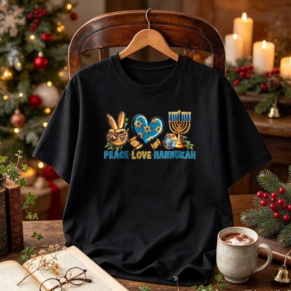 Peace Love Hannukah Peace Sign Heart Star of David Menorah Dreidel Graphic Jewish Festival of Lights Holiday Streetwear T-Shirt