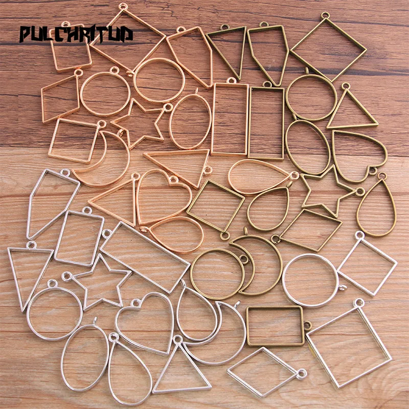 PULCHRITUDE 16pcs/lot 3 Color 2020 Geometric Figure Charm Hollow Glue Blank Pendant Tray Bezel Charms DIY Handmade Bezel Mold