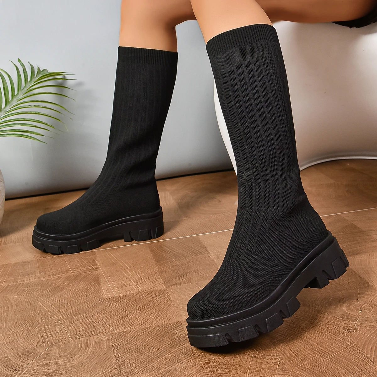 Frauen Stiefel Neue Dicke Sohle Gestrickte Lange Socken Stiefel Frauen Mode Elastische Runde Kappe Low Heels Schuhe für Frauen Über Knie Stiefel