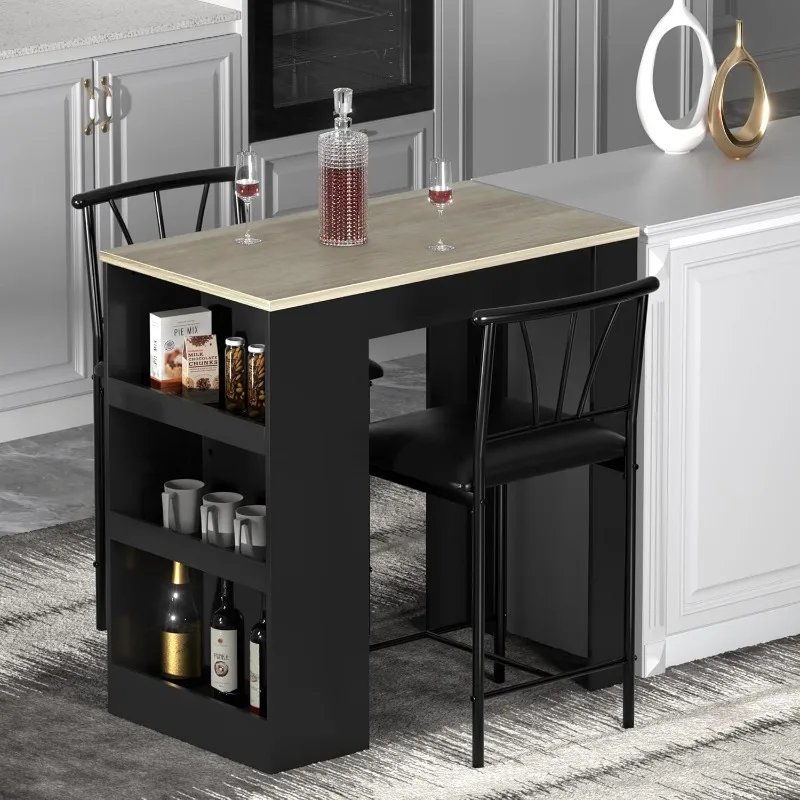 Small Bar Table and Chairs Tall Kitchen Breakfast Nook with Stools/Dining Set for 2, Storage Shelves, Space-Saving