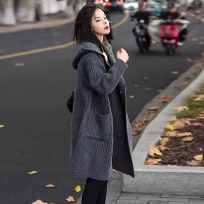 Autumn New Korean Single Breasted Hooded Sweater Jacket Elegant Solid Color Medium Long Cardigan Casual Loose Women's Knitwear