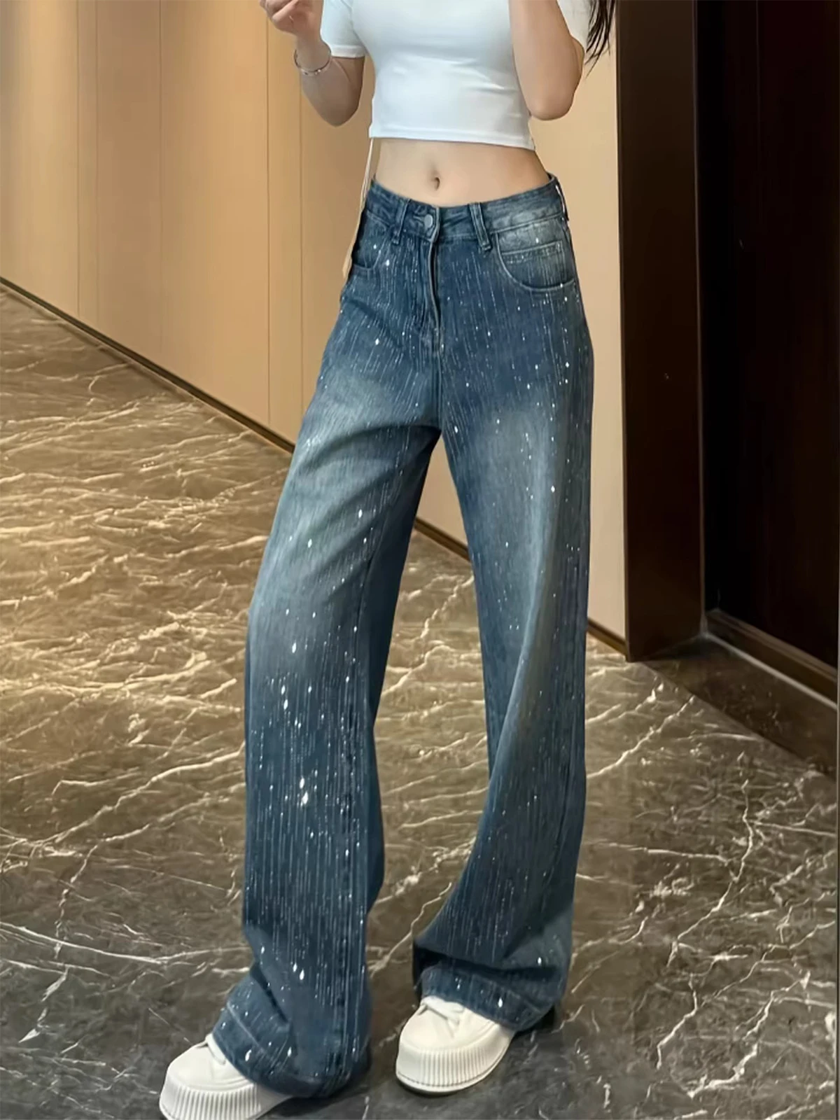 

Faionable Fce Lined Wide Leg Jeans Women's Winter Straight Cut Floor Length Trousers High Waist Simple Sle Ladies Prem...