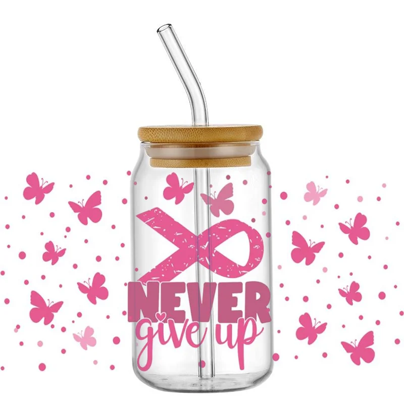 الوعي بسرطان الثدي ثلاثية الأبعاد UV DTF كأس يلتف نقل ملصقات الشريط الوردي تأكيد الأشعة فوق البنفسجية يلتف الشارات لزجاج ليبي 16oz