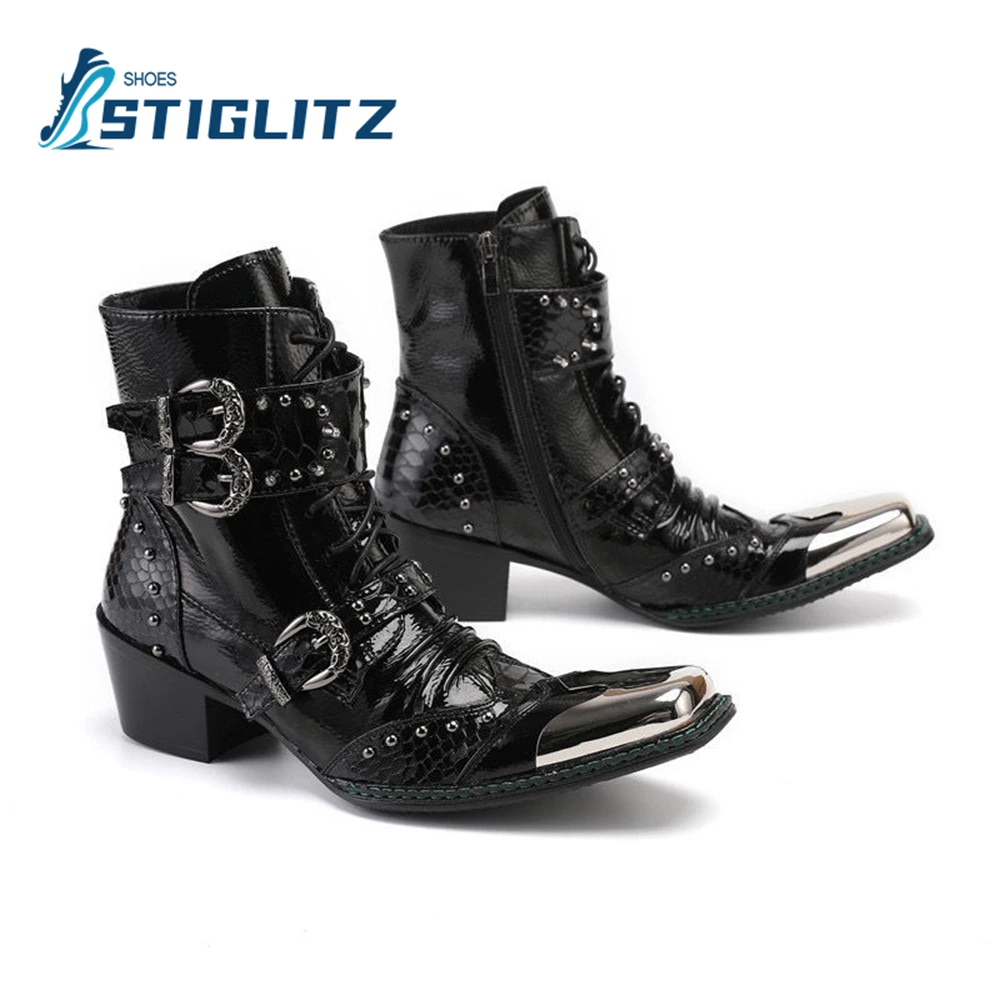 Snake Pattern Buckle Vintage Ankle Boots for Men Luxurious Workwear Leather Boots Metal Rivets Square Toe Punk Style Men\'s Shoes