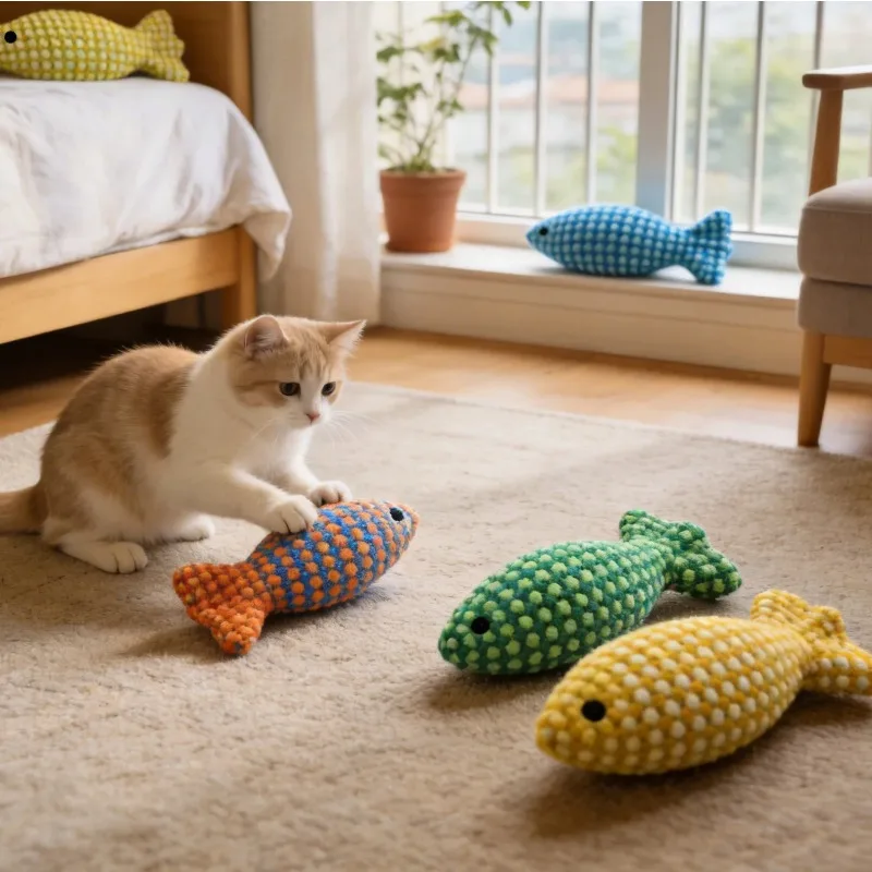 Fish-Shaped Cat Voice Plush Toy, Teething And Dental Care Cat Toy, Interactive Cat Toy, Sturdy Durable Sound-Producing Cat Toy