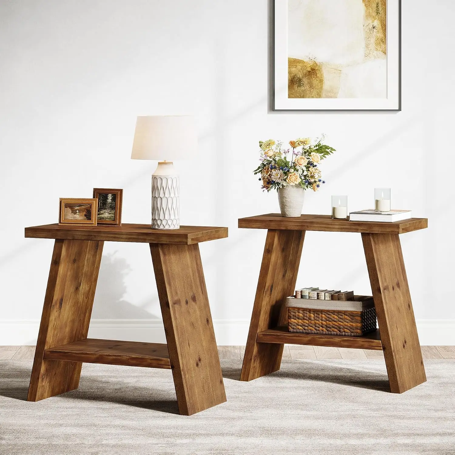 Set Of 2 Solid Wood Side Table, Narrow 2-Tier Storage End Table, Rustic Brown Farmhouse Nightstand For Bedroom Living Room Compact Spaces