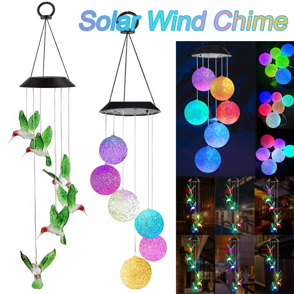 LED Solar Wind Chime Butterfly Crystal Windchime Hummingbird Color Changing Waterproof Outdoor Windchimes for Garden Decoration