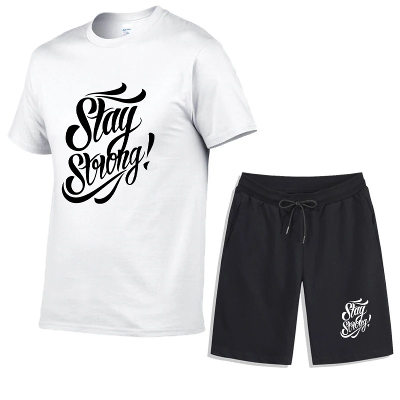 Summer Men's Stay Strong Printed Sportswear Suit Comfortable Breathable Fashion Short Pants+Short Sleeve T-shirt Set Streetwear