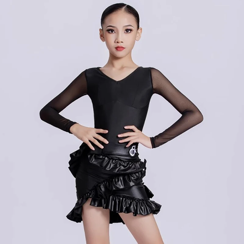 

Children Latin Dance Training Costume Kids Girls Long Sleeve Mesh Bodysuit and Latex Skirts Samba Competition Dancewear