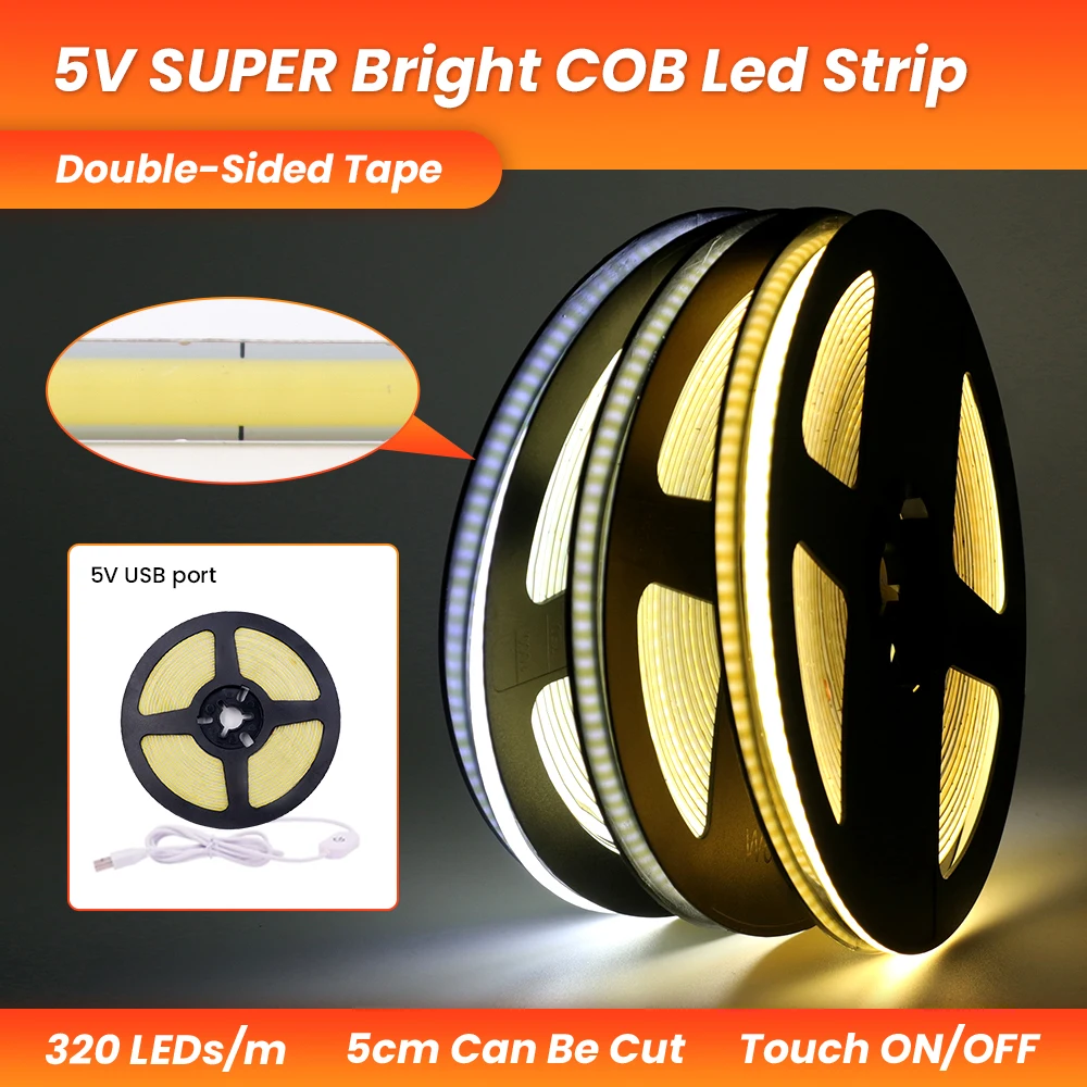 COB LED Strip with 5V USB power supply 320 lights per meter 5mm adjustable brightness 9 colors optional TV background lighting