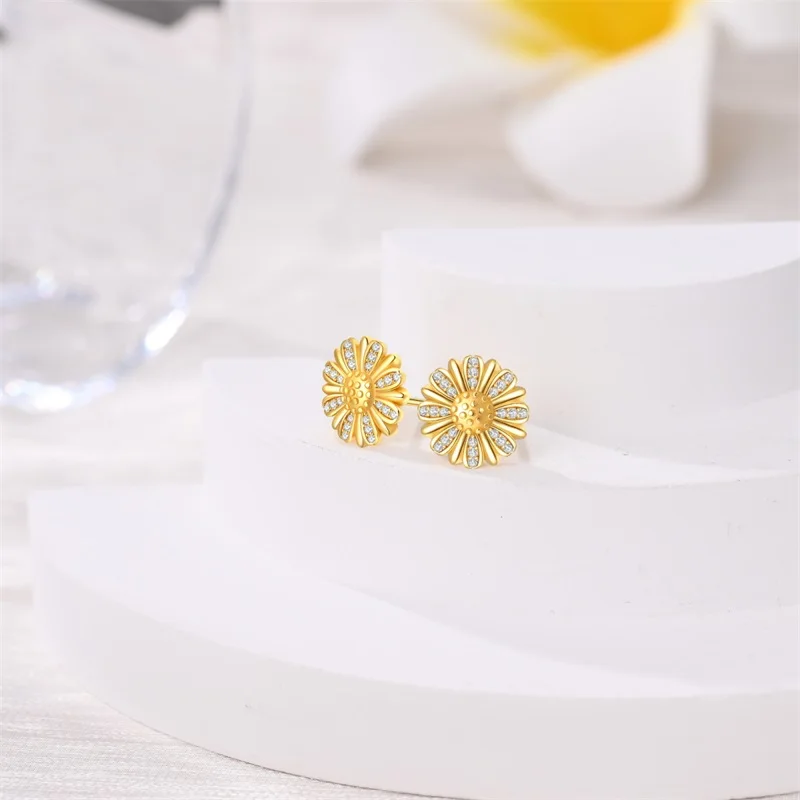 

New 925 Sterling Silver Golden Daisy Women Earrings Brilliant Wedding Engagement Star Earrings Jewelry Gift