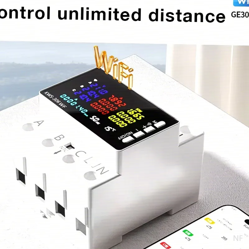 HY KWS-306WF Digital Energy Tester Current Voltage Protector Relay Switch Color Screen 3P Guide Rail Table 85-290V WiFi Power Me