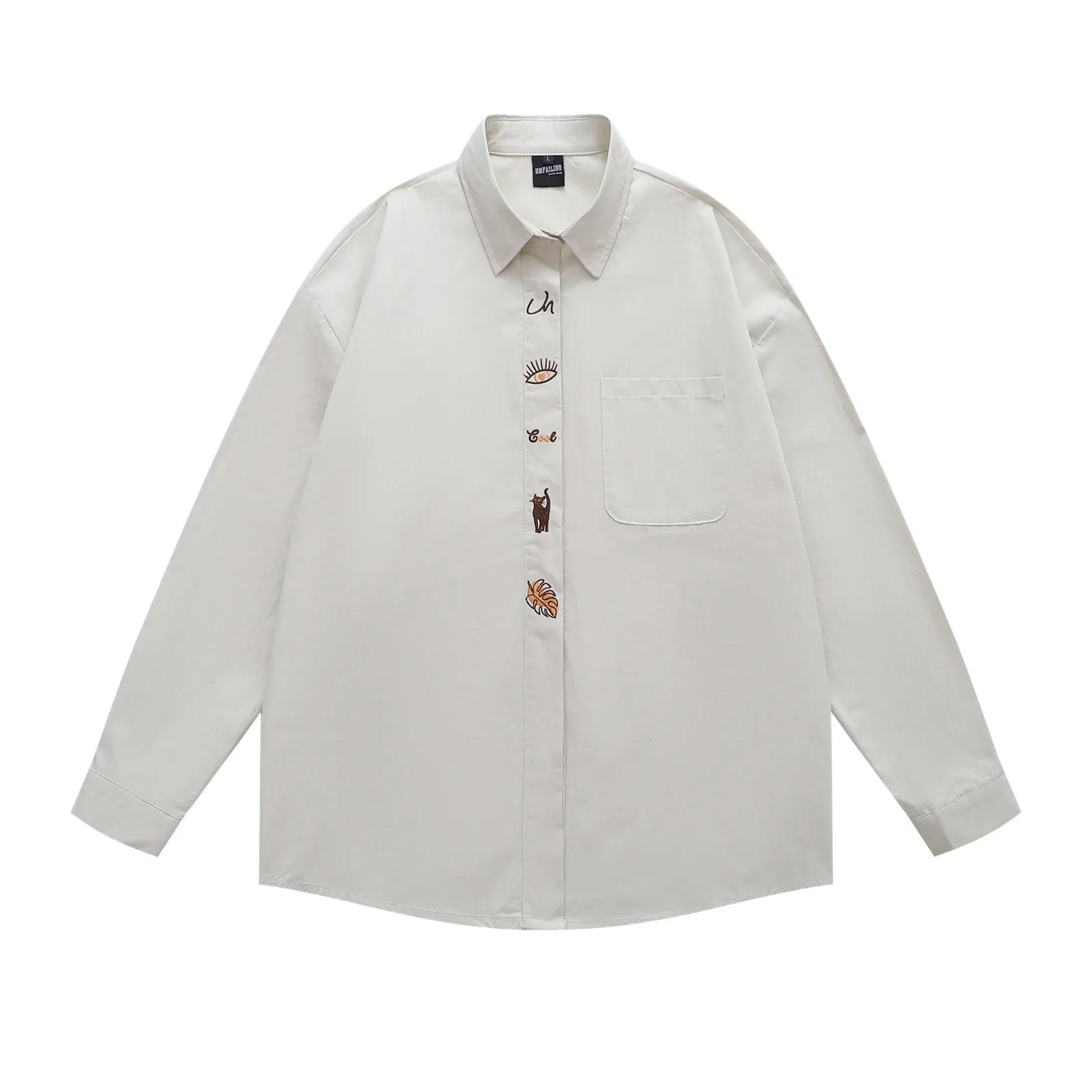 Men's Creative Design Embroidered Long Sleeve Shirt Unisex 2025 Autumn Cotton Loose Button Down Shirt Jacket With Chest Pocket