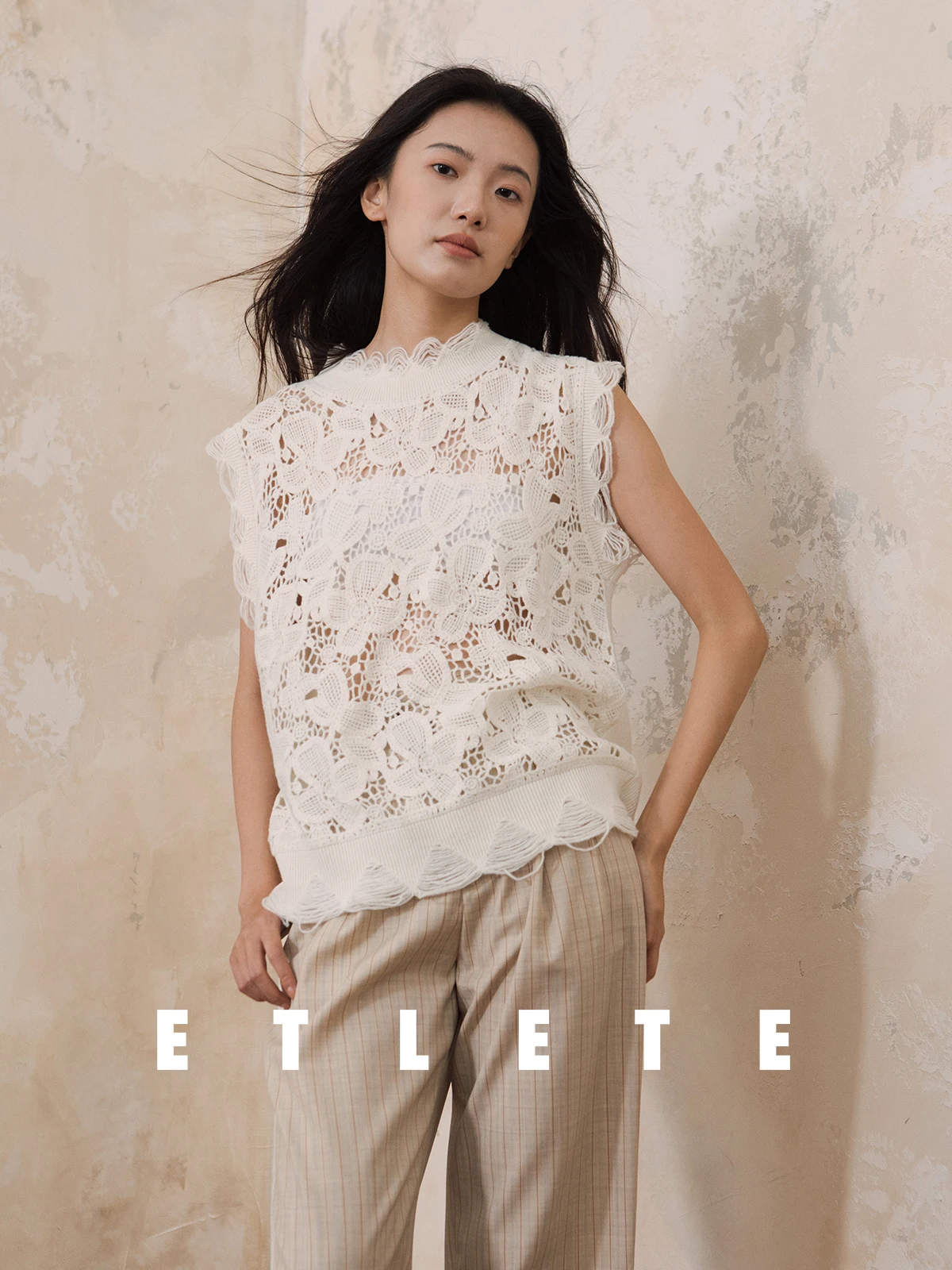 

Женский вязаный кружевной топ ETLETE с вырезами, шерстяной жилет, модный повседневный стиль, круглый вырез, стандартный крой