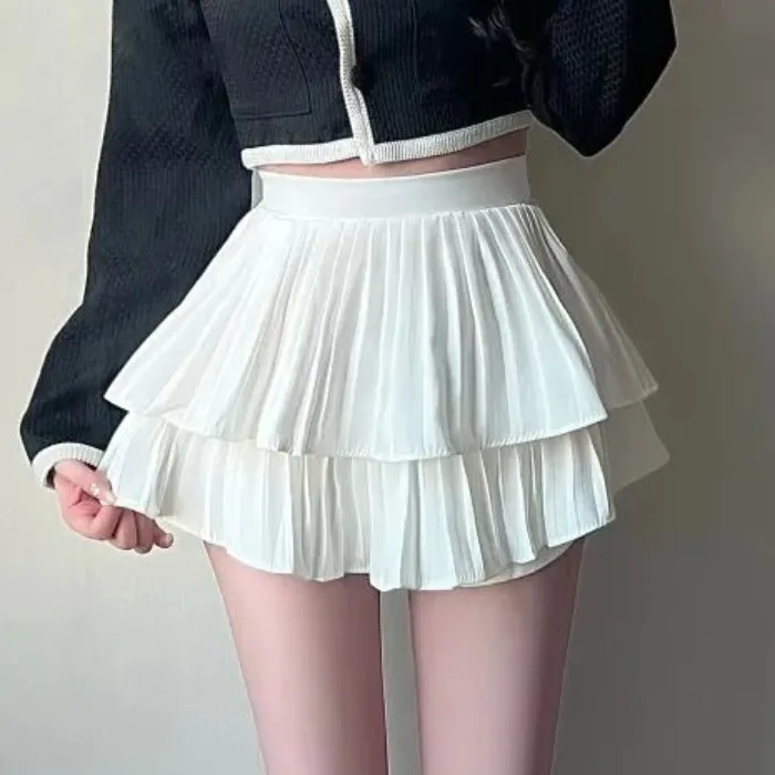 Falda acampanada blanca Gourmet elegante de verano, falda acampanada de cintura alta, falda plisada con pastel, falda coreana de tela de poliéster