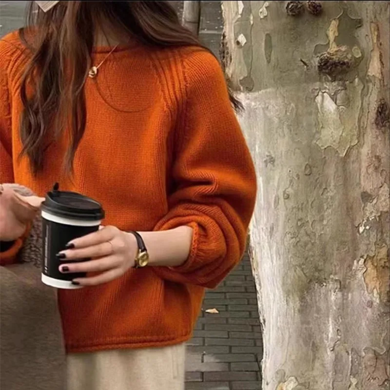 

Knitted Pullovers Women Solid O-neck Baggy Slouchy All-match 5 Colors Elegant Long Sleeve Sweater Jumper Y2k Clothes Outwear Ins