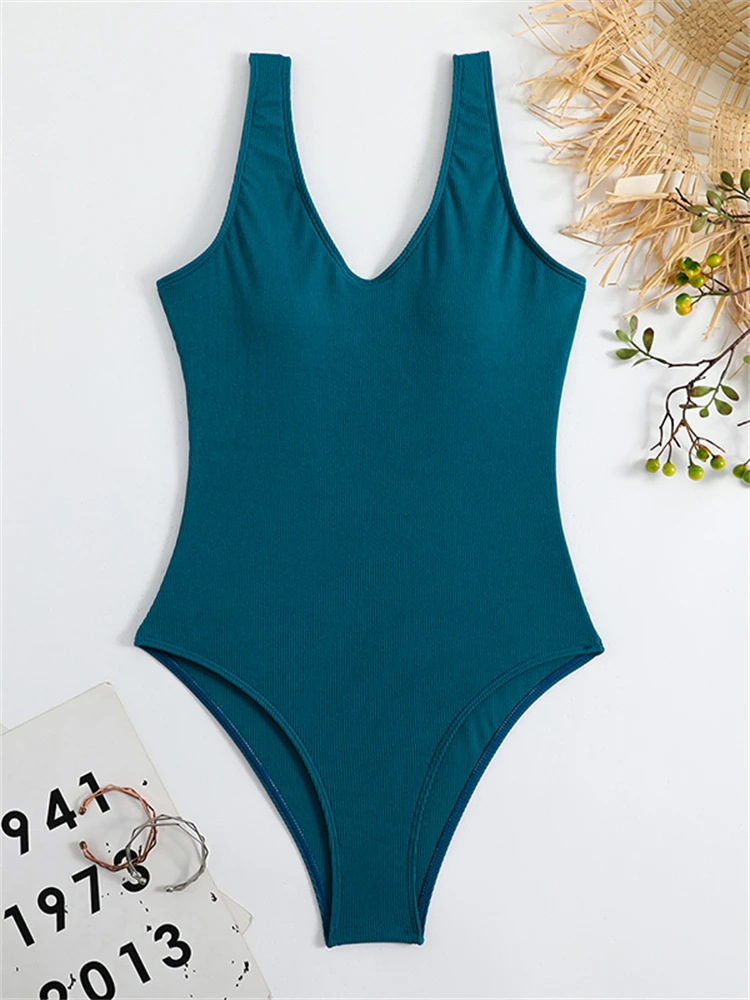 

One Piece Swimsuit Women 2024 New Solid Ribbed Sling Sexy V Neck Bodysuit Monokini Swimwear Summer Beachwear Bathing Suit Female