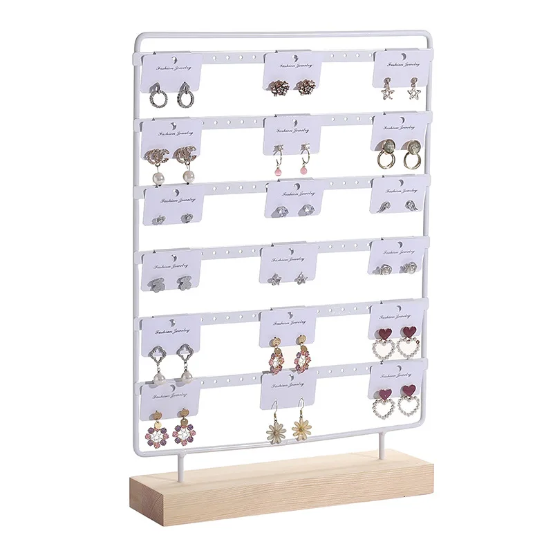 Metal 6 Layers Earring Display Holder Ear Stud Display Rack Wood Base 3-Tiers 69 Holes Jewelry Storage Organizer Stand Reusable